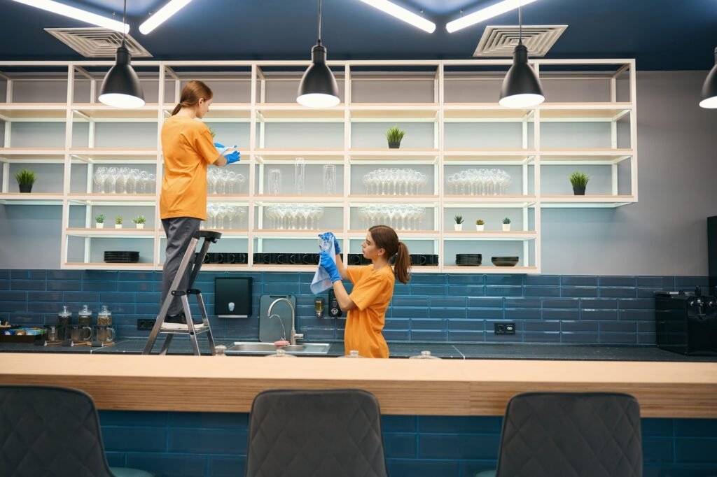 Cleaning company cleaners in process of general cleaning in kitchen in coworking