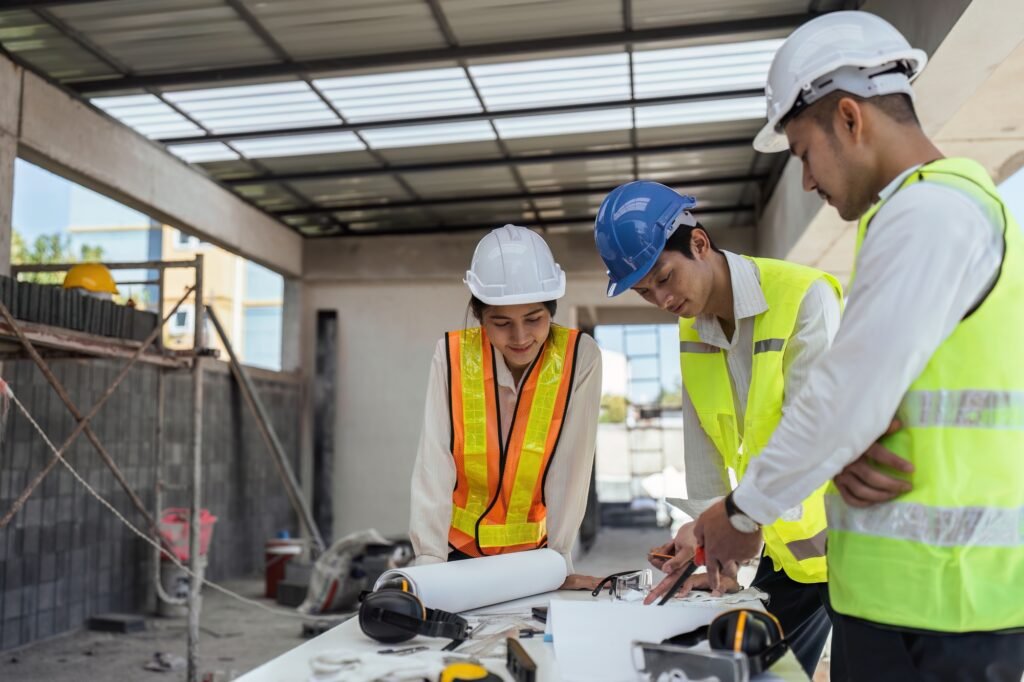 Two Specialists Inspect Commercial, Industrial Building Construction Site. Real Estate Project with